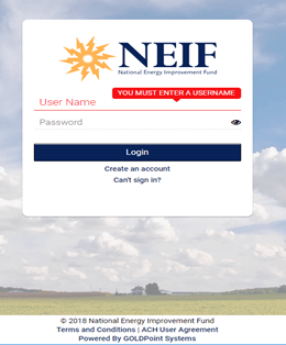 NEIF account login screen